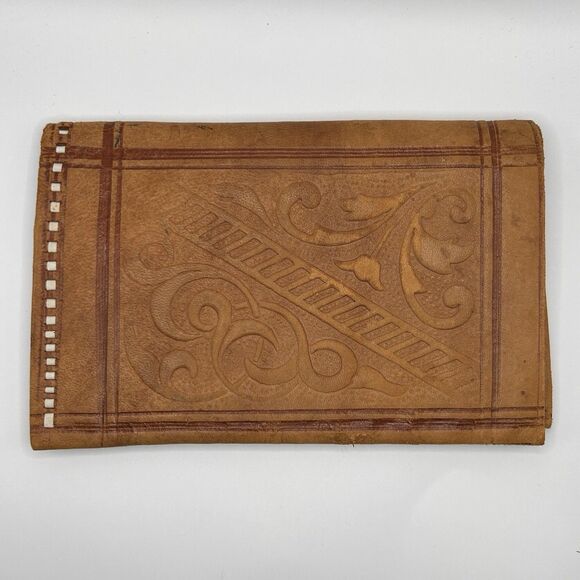 Morrocan Hand Tooled Leather Wallet 6.5x 4.25 Tan Brown - Picture 1 of 11
